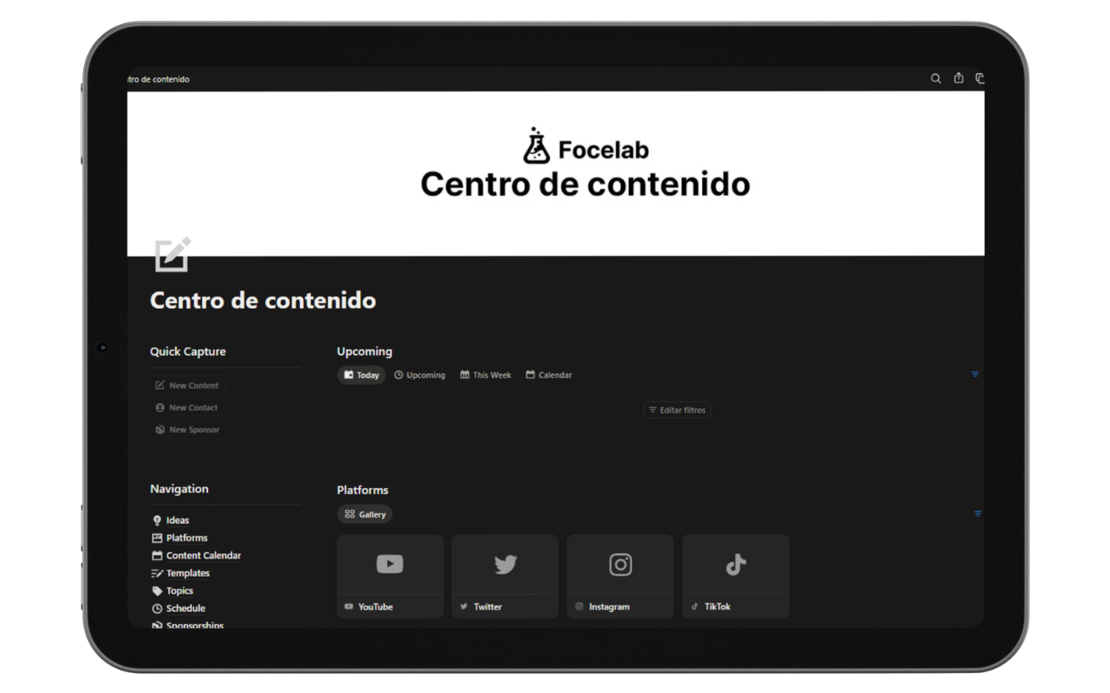 Plantilla Centro de contenido de Focelab en Notion, una base de datos que puede recibir ideas desde un formulario